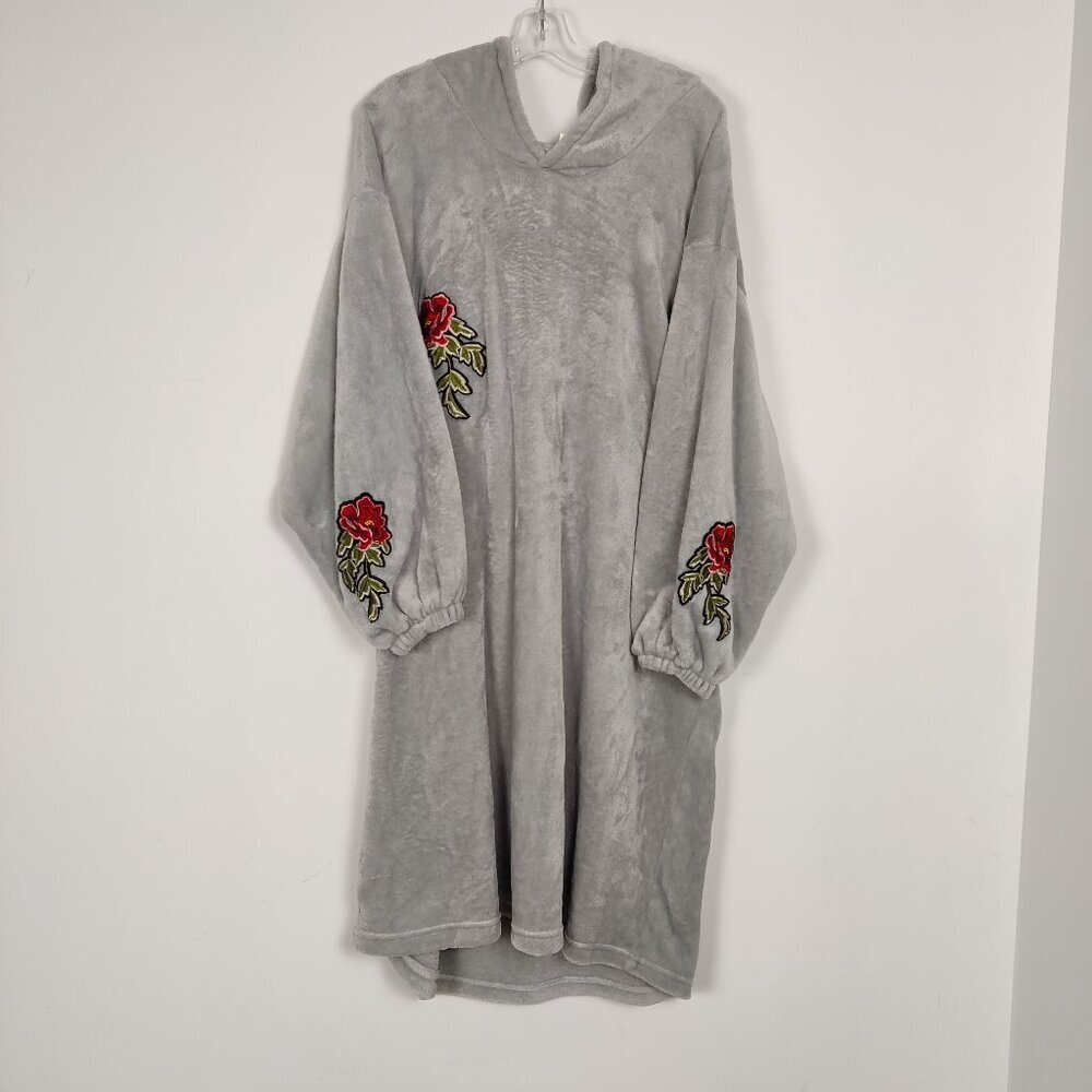 Women's Upcycled Hooded Fleece Tunic Sz XL Gray Red Rose Patchwork Goth Emo Y2K
